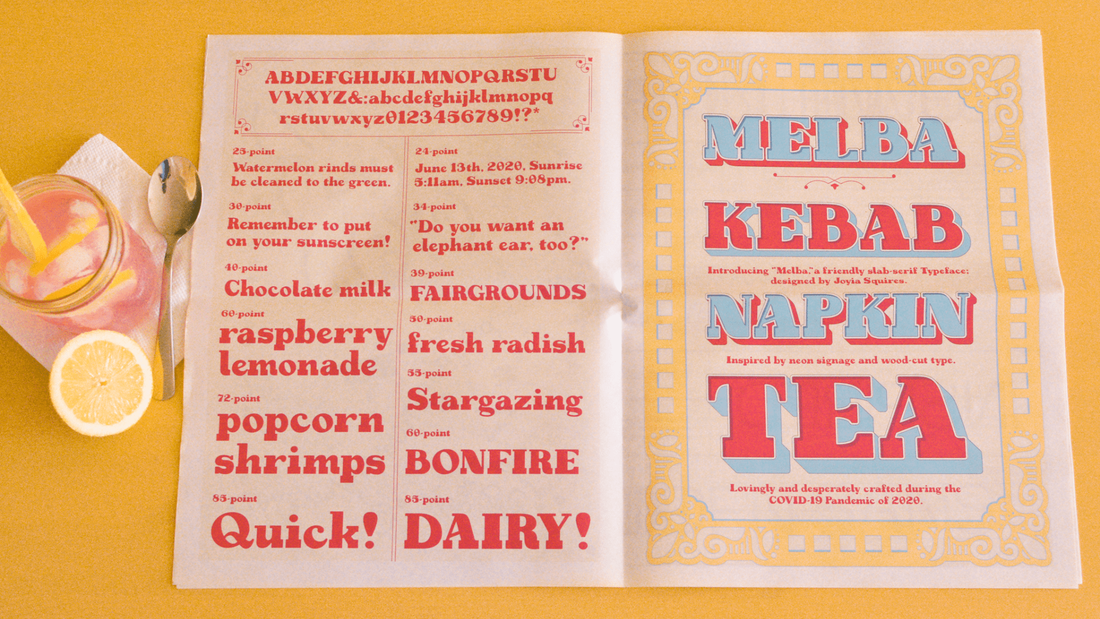 Colorful newspaper spread of Melba typeface